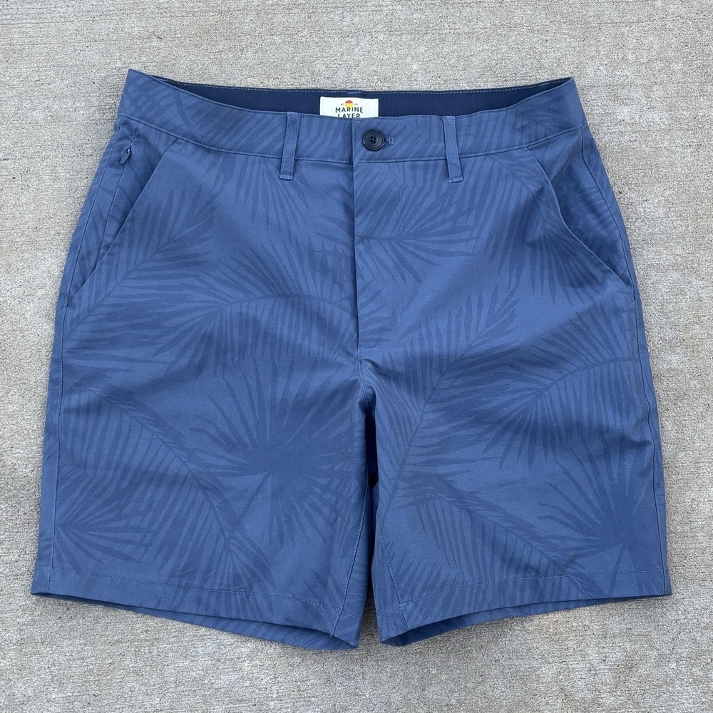 Marine Layer Shorts Mens 30 Blue Palm Print Chino Microfiber 7 Inseam Casual